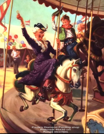 Oma op een houten paard in een carousel (40x50cm full painting)