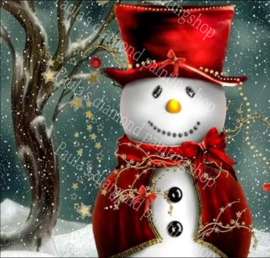 Sneeuwpop met rode aankleding en hoedje in de sneeuw (40x50cm full painting)