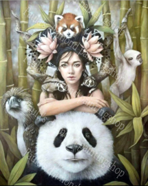 Meisje met Panda en diverse andere dieren (40x50cm full painting)