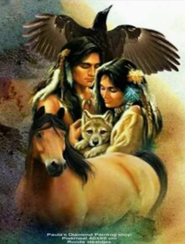 Indiaan met vrouw, arend en  wolven jong (40x50cm full painting)