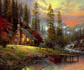 Huisje aan het meer met bootje (40x50cm) ( full painting.)