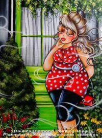 Dikke dame bij boompjes in tuin (40x50cm) (full painting.)