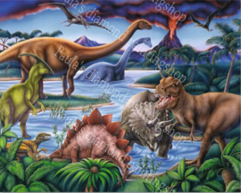 Dinosaurussen en Tyrannosaurus Rex in het water (40x50cm full painting)