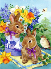 Twee konijntjes en een vogeltjes tussen een bos bloemen  (40x50cm full painting)