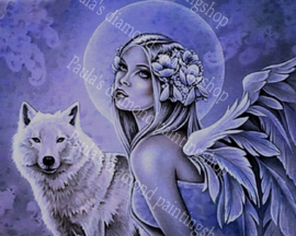 Engel met witte wolf bij een volle maan (40x50cm full painting)