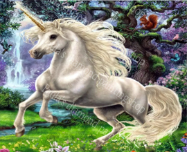 Galopperend witte 1 hoorn paard (40x50cm full painting)