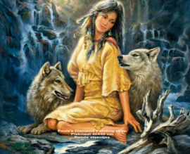 Indiaanse zittend met twee wolven (40x50cm full painting)