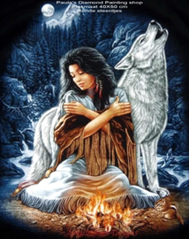 Indiaanse zittend naast een witte wolf  (40x50cm full painting).