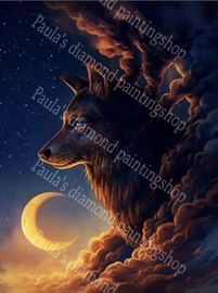Wolf en de maan in de wolken (40x50cm full painting)