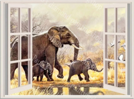 Olifant met twee kleintjes bij openslaande ramen  (40x50cm full painting)