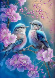 Twee blauwe vogeltjes op bloementakjes (40X50cm (full painting)