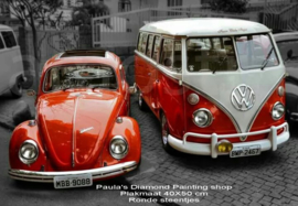 Volkswagen Kever en transporter rood  (40x50cm) ( full painting.)