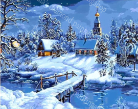 Winterlandschap met kerkje op achtergrond (40x50cm full painting)