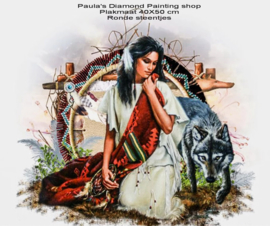 Indiaanse vrouw zittend met een wolf  (40x50cm full painting)