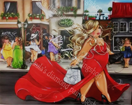 Dikke dame op weg naar feestje (40x50cm full painting)
