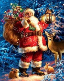 Kerstman met pakketjes en hertje en konijtjes (40x50cm full painting)