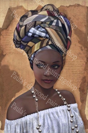 Mooie Afrikaanse vrouw met hoofdtooi  (40x50cm full painting)