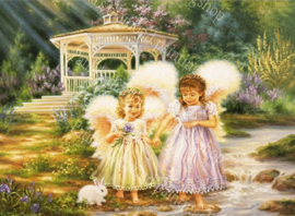 Twee engeltjes met een konijntjes bij een prieeltje   (40x50cm full painting)