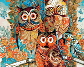 Een verzameling fel gekleurde uilen  (40x50cm full painting)