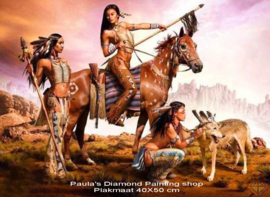 Indiaanse vrouw met speer zittend op haar paard(40x50cm full painting)