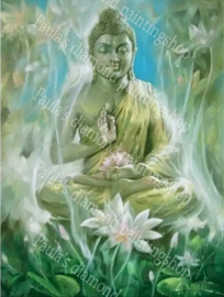 Groene Boeddha met lotus bloem (40x50cm full painting)