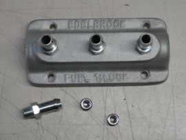 reproduction fuel block  , cast aluminium .  " EDELBROCK  "