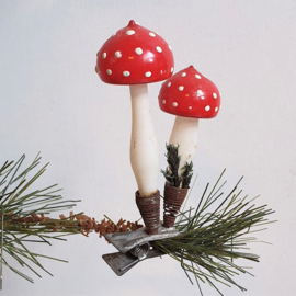 kerstversiering paddenstoel set knijper christmas mushroom ornament 1930s - 1950s