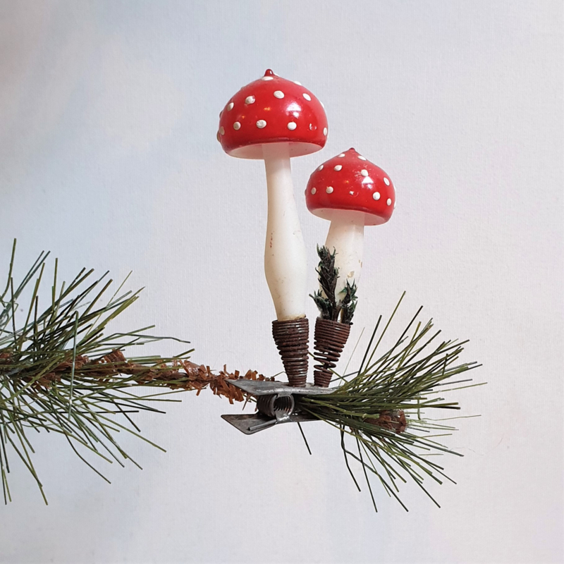kerstversiering paddenstoel set knijper christmas mushroom ornament 1930s - 1950s