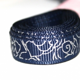 1m Grosgrain lint 10mm navy silver print