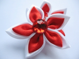 dubbel kleurige satijn bloem met strass roodl/wit 35mm