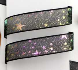 Zwart organza lint kleurrijke sterren 25mm