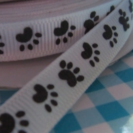 10 mm breed wit geweven lint met zwarte hond / kat pootjes