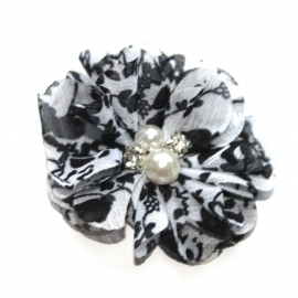 Chiffon bloem strass en parel wit/zwart