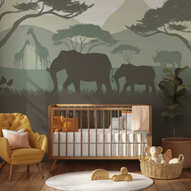 Safari behang kinderkamer –  Lambrisering - olijfgroen
