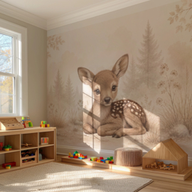 Lief Hertje in het Bos – Neutraal Woodland Behang voor de baby- of kinderkamer