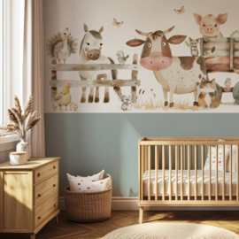 Boerderij behang kinderkamer - Lambrisering- Vergrijsd Saliegroen