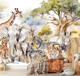 Wandvullend behang kinderkamer safari familie