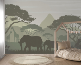 Safari Silhouette Behang  Olijf