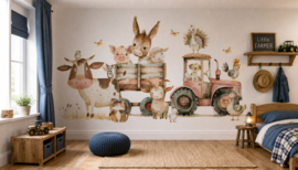 Boerderij behang kinderkamer Wandvullend – dieren met tractor