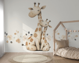 Giraffe Hug Behang – Liefdevolle Giraffen Knuffel voor de Kinderkamer