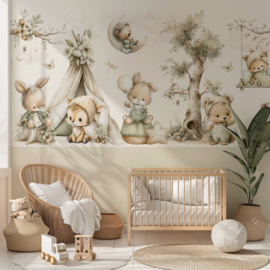 Kleine Bosvriendjes Behang -Lambrisering Naturel Beige