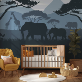 Safari behang kinderkamer – Lambrisering - blauw
