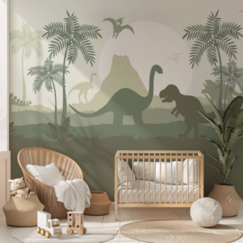 Dino behang kinderkamer – Lambrisering - olijfgroen