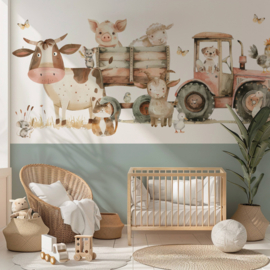Boerderij behang kinderkamer - Lambrisering- Vergrijsd Saliegroen