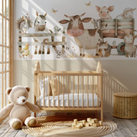 Boerderij behang kinderkamer - Lambrisering - Naturel Beige