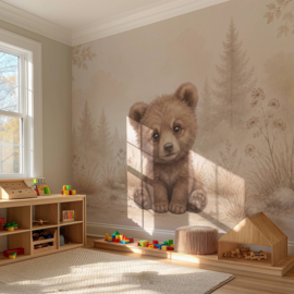 Beerwelpje in het Bos – Neutraal Woodland Behang voor de baby- of kinderkamer
