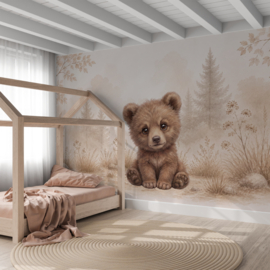 Beerwelpje in het Bos – Neutraal Woodland Behang voor de baby- of kinderkamer