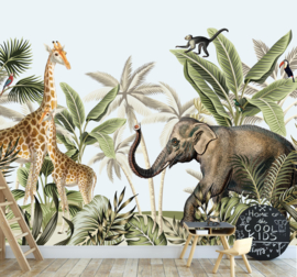 Wandvullend behang kinderkamer jungle giraffe met jong