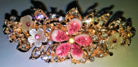 Haarspeld roze met bloemen en glinsterende strass steentjes 7 cm GEEN made in france