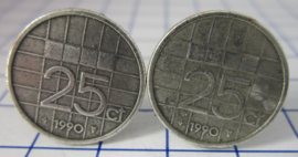 Manchetknopen verzilverd kwartje/25 cent 1990